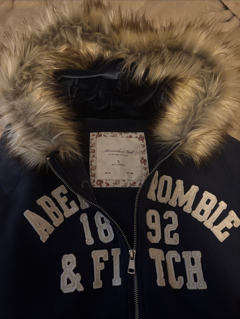 Abercrombie & Fitch Navy Zip-Up Hoodie with Faux Fur Trim